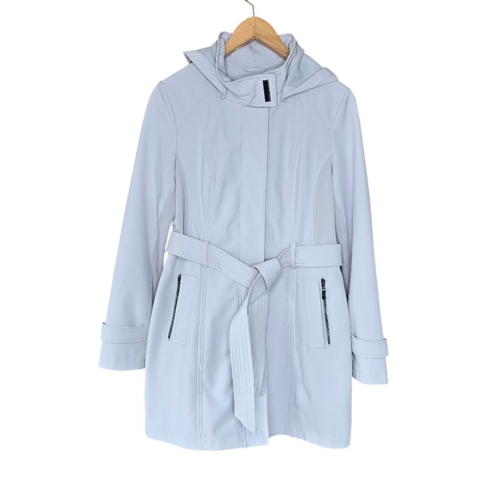 Sebby‎ Light Gray Softshell Hooded Trench Coat Belted Women M Rain Wind Jacket